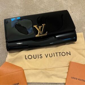 Louis Vuitton Glossy Black Clutch with Gold Logo